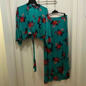 Express two piece floral tie crop top and skirt set